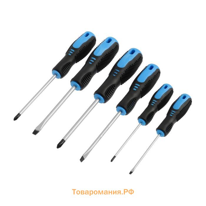 Набор отверток ТУНДРА, CrV, хром, 2К рукоятки, PH0,SL3×75 мм, PH1-2, SL5-6×100 мм, 6 шт.