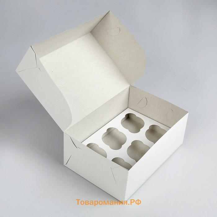 Упаковка на 6 капкейков без окна, белая 25×17×10 см