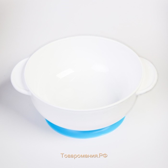 Набор детской посуды «Счастливый малыш», 3 предмета: тарелка на присоске, крышка, ложка, цвет голубой