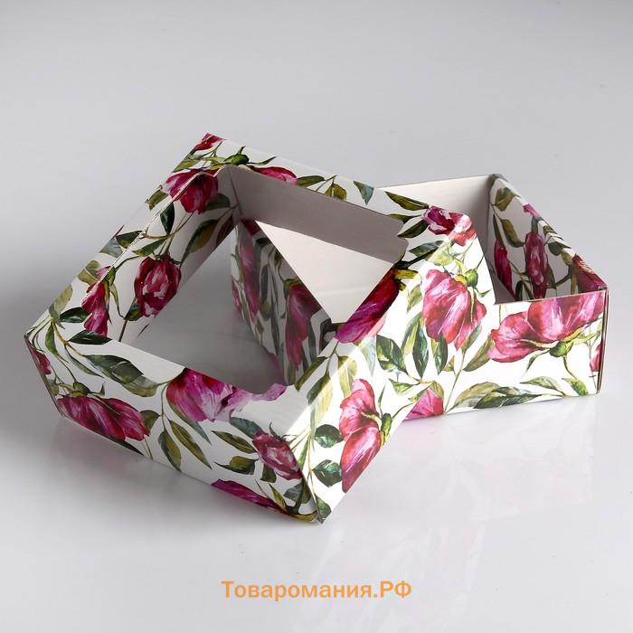 Коробка сборная крышка-дно с окном, «Акварельные цветы», 14.5×14.5×6 см