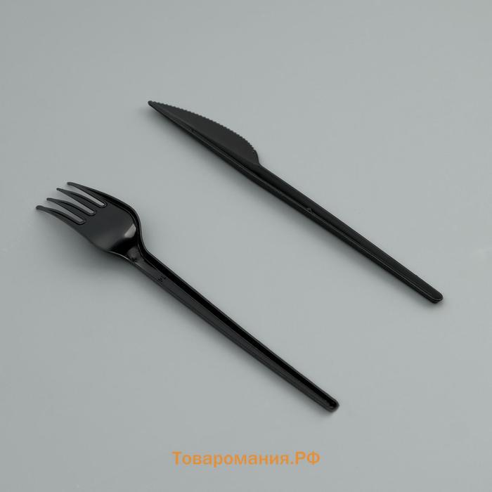 Набор одноразовой посуды "Вилка, нож, салф.бум., зубочистка" черный, 16,5 см