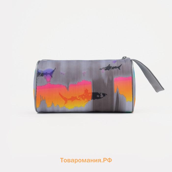 Косметичка простая на молнии, объёмная, с ручкой, с рисунком «Акулы», серая/бирюзовая