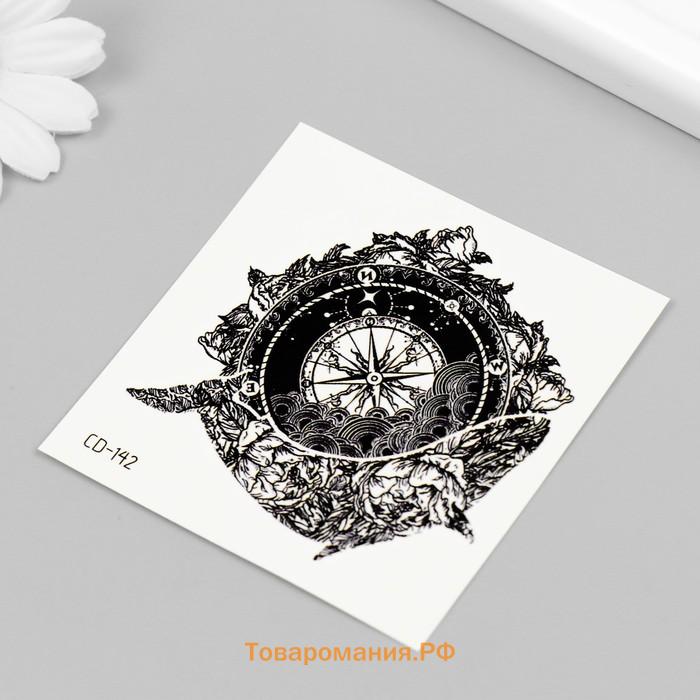 Переводная тату на тело чёрная «Кит и компас», 8×7.5 см