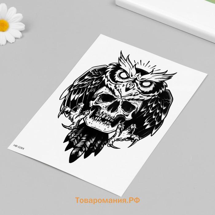 Переводная тату на тело чёрная «Филин и череп», 21×14.8 см