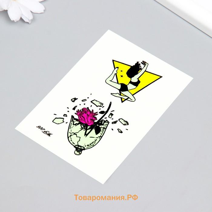 Переводные тату на тело светящиеся цветные «Девушка и роза в осколках», 14.3×7.5 см