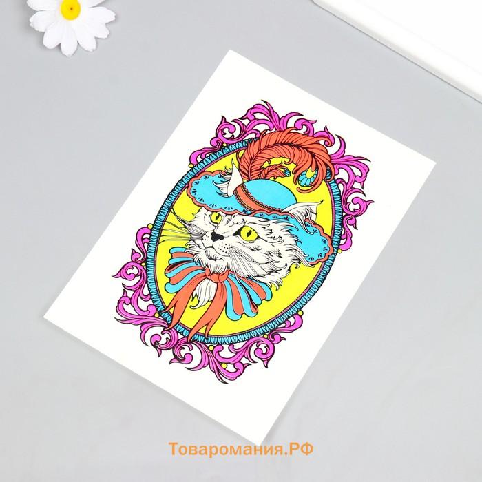 Переводная тату на тело цветные «Кот в шляпе», неон, 26×14.5 см