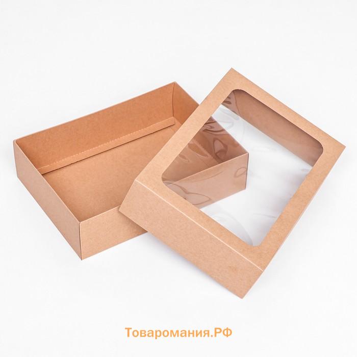 Коробка складная, крышка-дно, с окном, крафт, 25×18×6.5 см