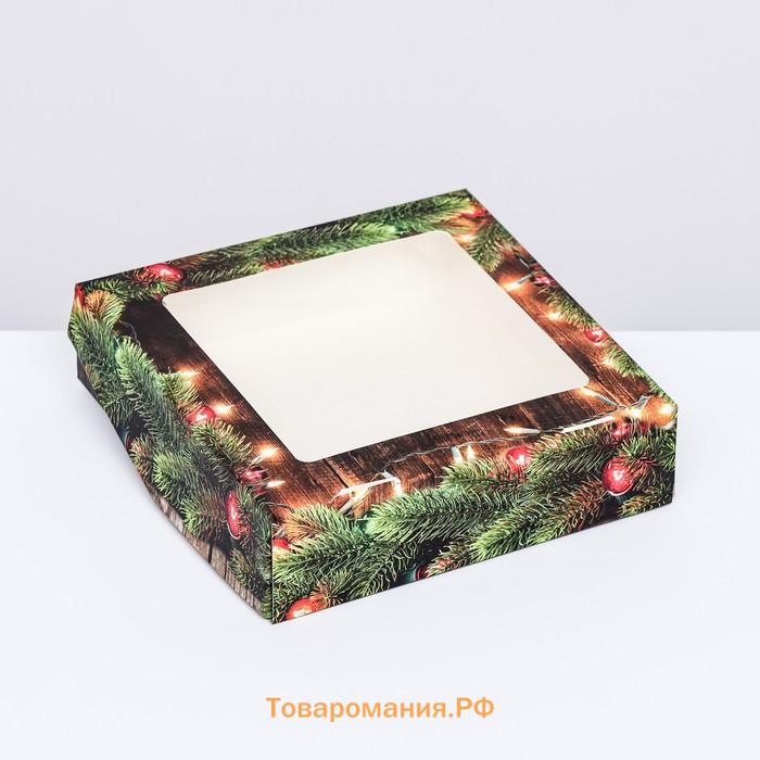 Коробка подарочная новогодняя складная с окном «Огни», 15×15×4 см
