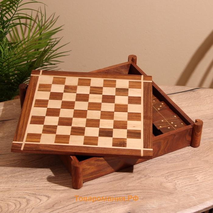Игра настольная 3 в1, шахматы, домино, кубики, доска 35×35 см, дерево шишам