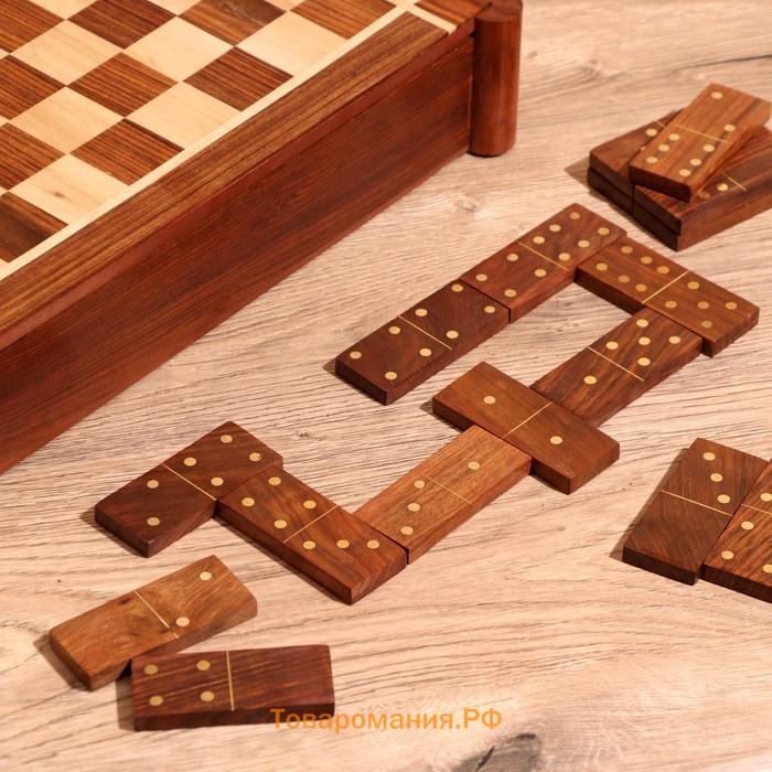 Игра настольная 3 в1, шахматы, домино, кубики, доска 35×35 см, дерево шишам