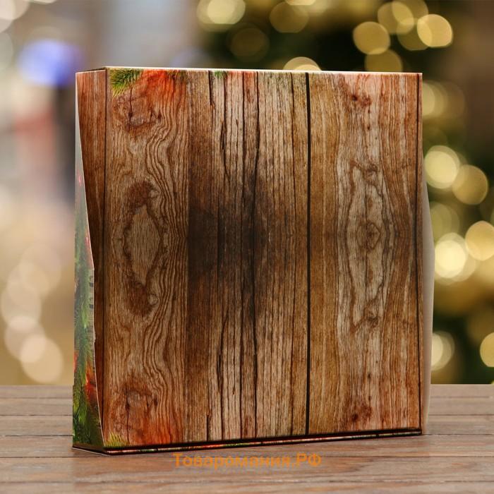 Коробка складная, подарочная новогодняя с окном Merry christmas 20×20×4 см
