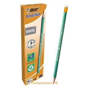 Карандаш чернографитный (простой) НВ, BIC Evolution, заточенный, пластиковый, c ластиком, шестигранный, зеленый корпус