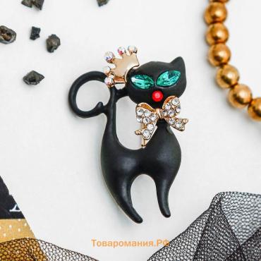 Брошь «Кошка грация», в короне, цвет матовый чёрный в золоте