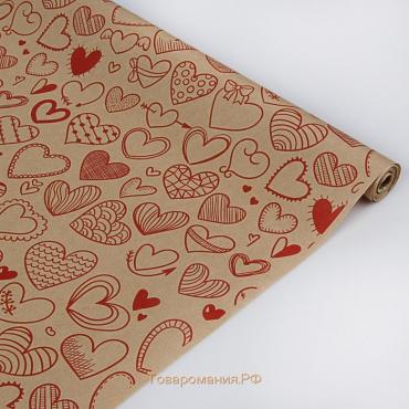 Бумага упаковочная крафт "Сердечки фигурные", красный, 40 г/м² ,0,72 х 10 м