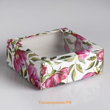 Коробка сборная крышка-дно с окном, «Акварельные цветы», 14.5×14.5×6 см