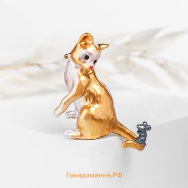 Брошь «Кот и мышь», оранжево-серая в золоте