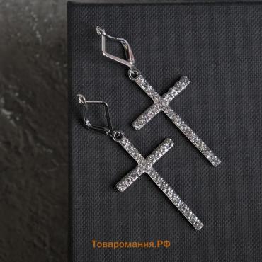 Серьги со стразами «Крестики» на квадрате удлинённые, белые в серебре