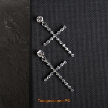 Серьги со стразами «Крестики» с делениями, белые в серебре