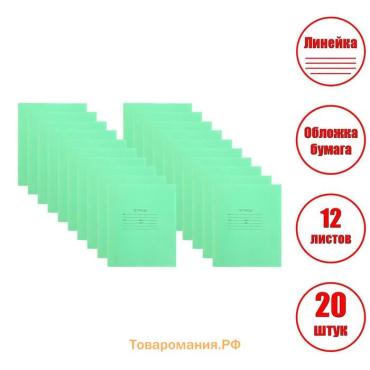 Набор тетрадей 12 листов в линию «Зелёная обложка», серые листы, 20 шт.