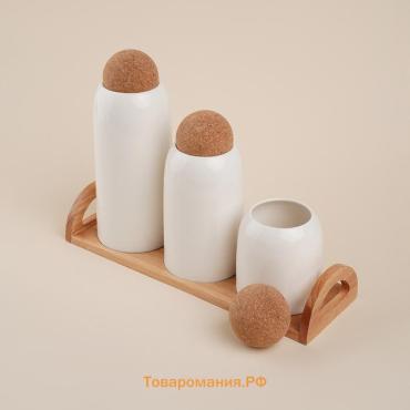 Банки для сыпучих SL Home «Тренто», 450/700/900 мл, набор 3 шт., на деревянной подставке, фарфор, белые