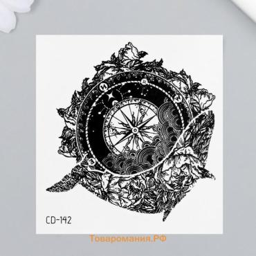 Переводная тату на тело чёрная «Кит и компас», 8×7.5 см