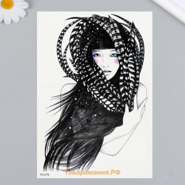 Переводная тату на тело цветная «Девушка в перьях», 21×14.8 см