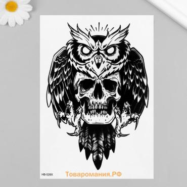 Переводная тату на тело чёрная «Филин и череп», 21×14.8 см