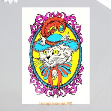 Переводная тату на тело цветные «Кот в шляпе», неон, 26×14.5 см