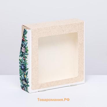 Коробка подарочная новогодняя складная с окном «Гирлянда» 15×15×4 см