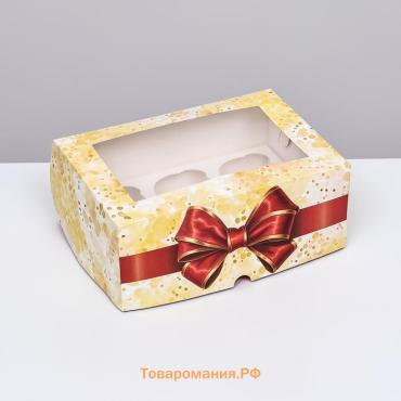 Коробка для 6 капкейков с окном, «Бант», 25×17×10 см
