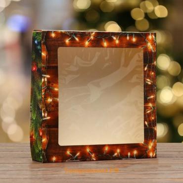 Коробка складная, подарочная новогодняя с окном Merry christmas 20×20×4 см